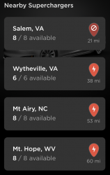 Nearby Superchargers screen capture showing Salem, VA offline.